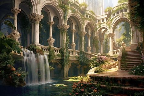 Nature Kingdom Fantasy Art, Modern Kingdom Aesthetic, Fantasy Setting Concept Art, Elvish Castle, Babylon Aesthetic, Fantasy Courtyard, Woodland Castle, Elven Palace, Fantasy Castle Aesthetic