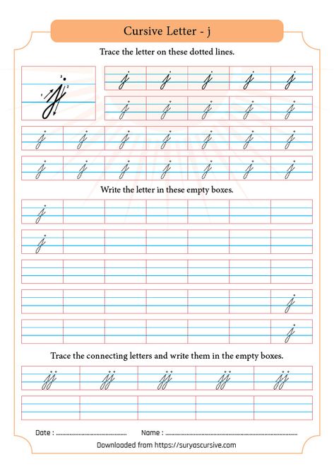 Cursive Letter j in Lowercase | SuryasCursive.com Cursive Writing For Kids, Cursive Letter T, Cursive F, Cursive Letter F, Cursive Small Letters, Letter N Worksheet, Letter V Worksheets, Cursive Letters Worksheet, Counting Backwards