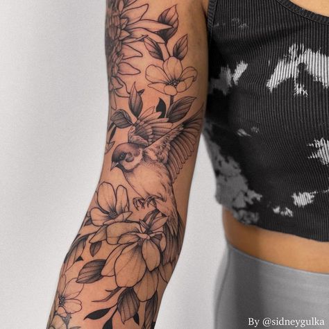 Sparrow Sleeve Tattoo, Swallow Sleeve Tattoo, Sparrow Tattoo With Flowers, Sparrow Flower Tattoo, Simple Full Sleeve Tattoo, Vine And Flower Tattoo Sleeve, Pollinator Tattoo Sleeve, Bird Arm Tattoos For Women, Sparrow And Flower Tattoo