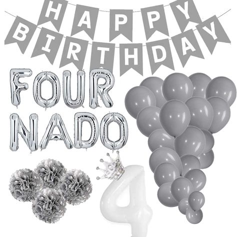 PRICES MAY VARY. What You’ll Get: FOUR NADO letter balloons, number 4 big foil balloon, 1 happy birthday banner, 1 small crown balloon, 4 paper pom poms, 30 latex balloons. Size: The FOUR NADO letter balloons are 16inch. The number 4 foil balloon is 32inch. The paper pom poms are 8inch. The latex balloons are 5inch, 10 inch and 12inch. We provide 2 straw for you to inflate the letter balloons, 2 rolls of ribbons to hang up the letter balloons, and some sticky glue dots to decorate the balloons. 4nado Birthday Party, Four Nado Birthday Party, Fournado Birthday Party, 4th Birthday Party For Boys Theme, Fourth Birthday Theme, 4th Birthday Party For Boys, Crown Balloon, Balloons Number, Animal Theme Birthday