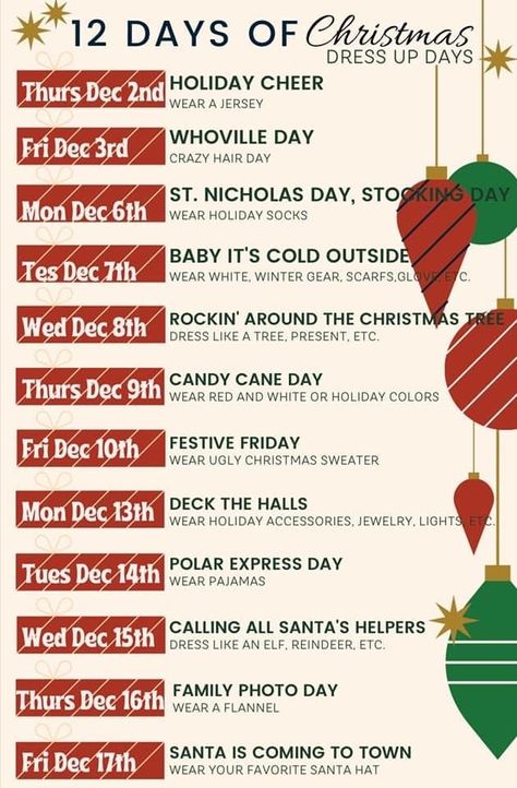 Christmas Work Spirit Week, Fun 12 Days Of Christmas Ideas For Work, School Christmas Calendar Ideas, Daycare Christmas Spirit Week, Holiday School Spirit Days, Christmas Work Week Ideas, Winter Theme Days For School, Office Holiday Spirit Week Ideas, 25 Days Of Christmas Ideas For Work