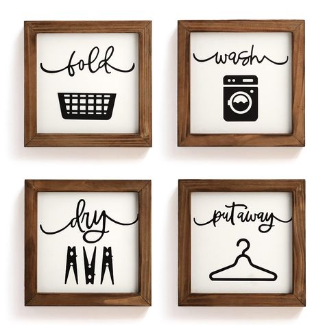 PRICES MAY VARY. 【100% NATURAL WOOD】These cute and fun laundry signs for laundry room decor are made of high-quality solid wood, which is light yet strong and durable. This laundry room decoration set includes 4 wooden signs with different contents that you can use individually or in combination. 【FARMHOUSE LAUNDRY ROOM DECOR】This set of 4 laundry room signs with words and pictures for "wash" "dry" “fold” “put away” can liven up a drab laundry room. These wooden laundry signs wall decor make bor Laundry Shelves, Wooden Wall Art Decor, Laundry Room Wall, Laundry Wall, Laundry Wall Art, Rustic Laundry Rooms, Vintage Laundry Room, Laundry Room Wall Decor, Laundry Sign