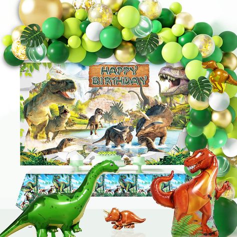 PRICES MAY VARY. 【Dinosaur party decorations set includes】87pcs High quality latex balloons in different size(5”,10”12”18”) and colors(dark green,green,fruit green,white,gold,agate pattern balloons and Sequined balloons) ,2 Pcs large size dinosaur balloons,2 Pcs small size dinosaur balloons,6 Pcs 10”Turtle leaf,185*110cm dino theme backdrop,220*132cm dino theme tablecloth,1pcs big size pump, Balloon decorating Strip;Glue Point(100Dots);10miter ribbons,4pcs hooks,1 pcs balloon Knotter 1pcs Paper Balloons Backdrop, Dino Theme, Dinosaur Party Decorations, Garland Birthday, Balloons Arch, 3d Dinosaur, Birthday Lights, Dinosaur Balloons, Gold Confetti Balloons