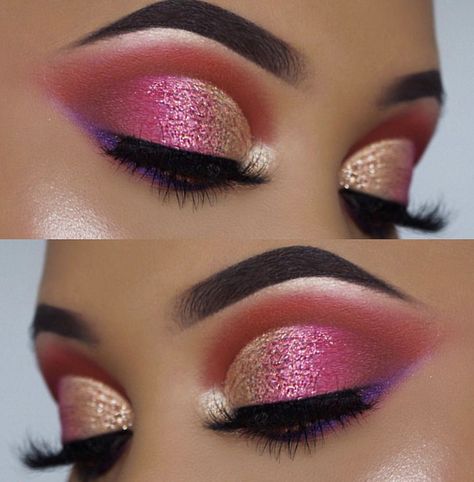 Pink Gold Eyeshadow, Gold Eyeshadow Looks, Coral Eyeshadow, Gold Cut Crease, Cut Crease Eye Makeup, Prom Makeup Tutorial, Cut Crease Tutorial, Cut Crease Eyeshadow, Cut Crease Eye