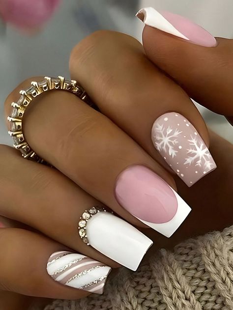 Pink  Collar  ABS  3D Nails Embellished   Beauty Tools Christmas Nail Designs Acrylic, Short Fake Nails, Easy Nails, Christmas Gel Nails, Snowflake Nails, Her Nails, Nagel Inspo, Xmas Nails, Stick On Nails