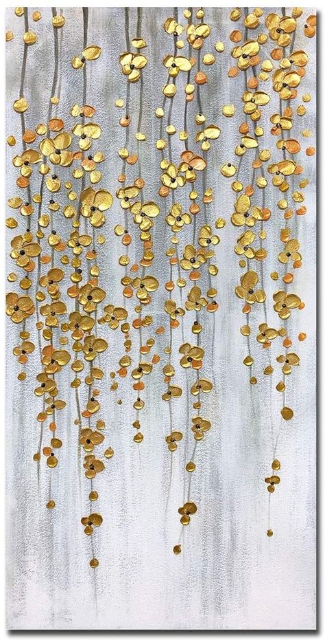 Oil Painting Decor Living Rooms, Gold Painting Ideas On Canvas, Wood On Canvas Art, Paintings With Gold Paint, Gold Paint Art, Metalic Painting Ideas On Canvas, Painting With Gold Paint, 3 Paintings On Wall Ideas, Hanging Flowers Painting