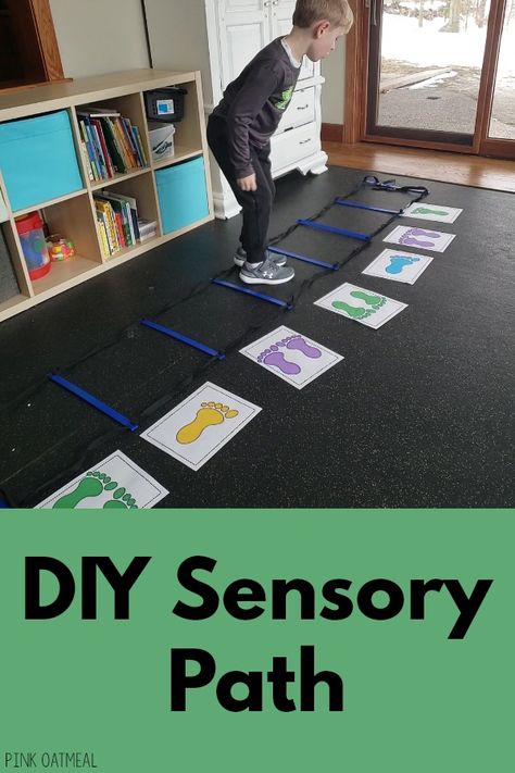 DIY Sensory Path and Motor Path | Pink Oatmeal Diy Sensory Path, Sensory Integration Activities, Sensory Pathways, Sensory Path, Diy Sensory, Sensory Motor, Pediatric Physical Therapy, Motor Planning, Pediatric Occupational Therapy