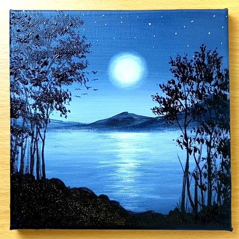 Moonlight Scenery Painting, Acrylic Painting Night Sky Moonlight, Moonlight Painting Acrylics, Moonlight Scenery Drawing, Water Scenery Paintings, Night Scenery Painting Moonlight, Painting Scenery Landscapes, Simple Nature Paintings, Moonlight Artwork