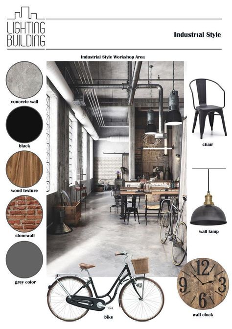 Industrial Mood Board, Industrial Style Interior Design, Interior Design Presentation Boards, Design Portfolio Layout, Industrial Style Living Room, Materials Board Interior Design, Industrial Style Interior, Industrial Cafe, Mood Board Interior