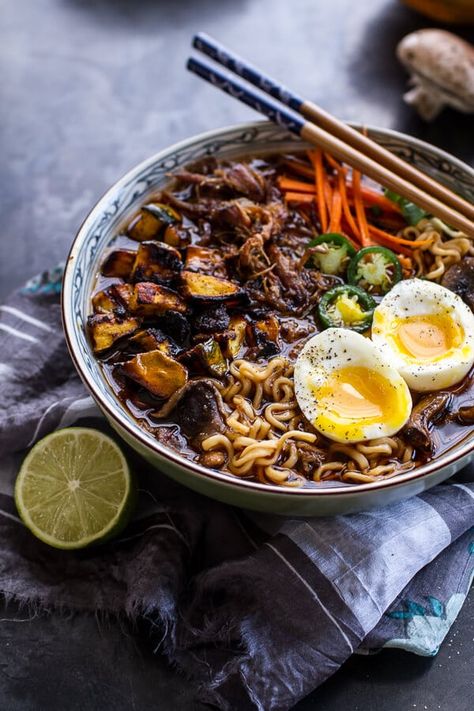 Crockpot Crispy Caramelized Pork Ramen Noodle Soup w/Curry Roasted Acorn Squash| halfbakedharvest.com @hbharvest Crispy Pork Ramen, Healthy Ramen Recipes, Caramelized Pork, Healthy Ramen, Bone Broth Soup, Pork Ramen, Roasted Acorn Squash, Ramen Noodle Soup, Crispy Pork