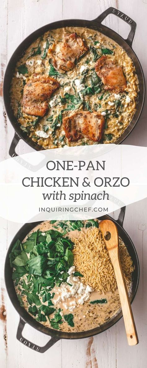 Tender chicken is baked over creamy orzo pasta with goat cheese and spinach in this one-pan meal that the whole family will love! Orzo With Spinach, Creamy Orzo Pasta, Chicken And Orzo, Creamy Orzo, Goat Cheese Pasta, Recipes List, Creamy Goat Cheese, One Pan Meal, Pan Recipe