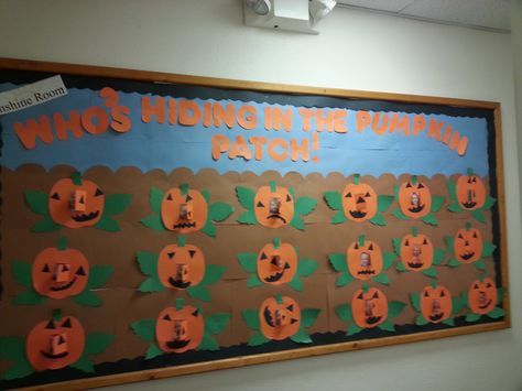 Who's hiding in the pumpkin patch! Pumpkin Bulletin Board Ideas Preschool, Pumpkin Bulletin Board, Pumpkin Activities Kindergarten, Story Book Pumpkin, Diy Pumpkins Crafts, Thanksgiving Bulletin Boards, Halloween Bulletin Boards, Thanksgiving Classroom, Fall Classroom Decorations