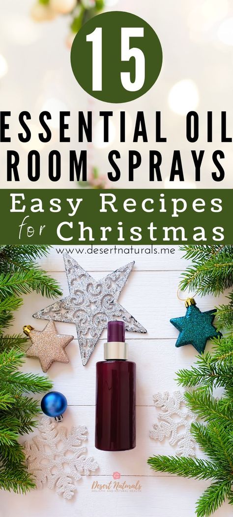 Christmas tree branches with glittery star ornaments and text 15 Essential Oil Easy Christmas Spray recipes Christmas Room Spray Essential Oils, Diy Room Spray Essential Oils, Holiday Room Spray, Homemade Room Spray, Christmas Sprays, Essential Oil Room Spray, Christmas Room Spray, Essential Oil Spray Recipes, Room Spray Recipe