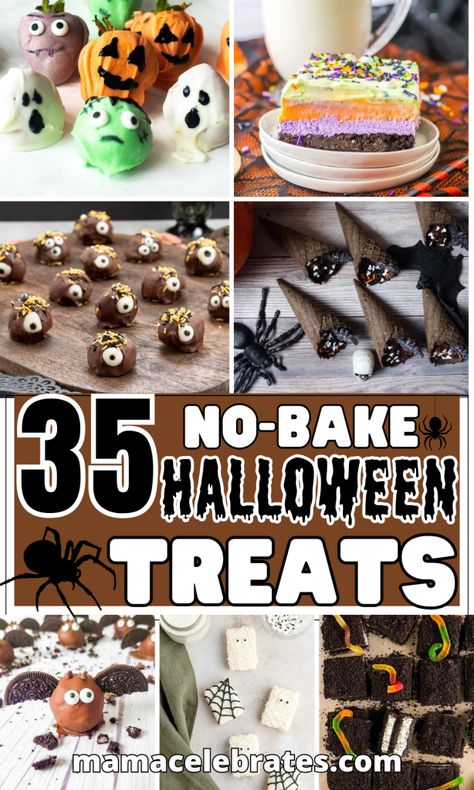 35 No Bake Halloween Treats - Mama Celebrates Non Bake Halloween Treats, No Bake Bake Sale Ideas, Easy No Bake Halloween Treats, Halloween No Bake Desserts, No Bake Halloween Desserts, Halloween No Bake Treats, Easy Halloween Baked Goods, No Bake Party Food, Bake Halloween Treats