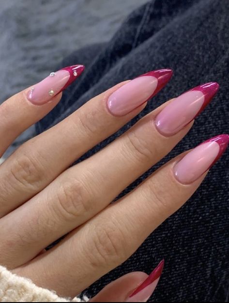 Chromatic French Nails, Pink French Design Nails, Magenta Nails French Tips, French Pink Chrome Nails, Pink Crome Nails French Tip, Pink French Tip Nails Chrome, Red And Pink French Tip, Pink French Nails Acrylic, Pink And Red French Tip Nails