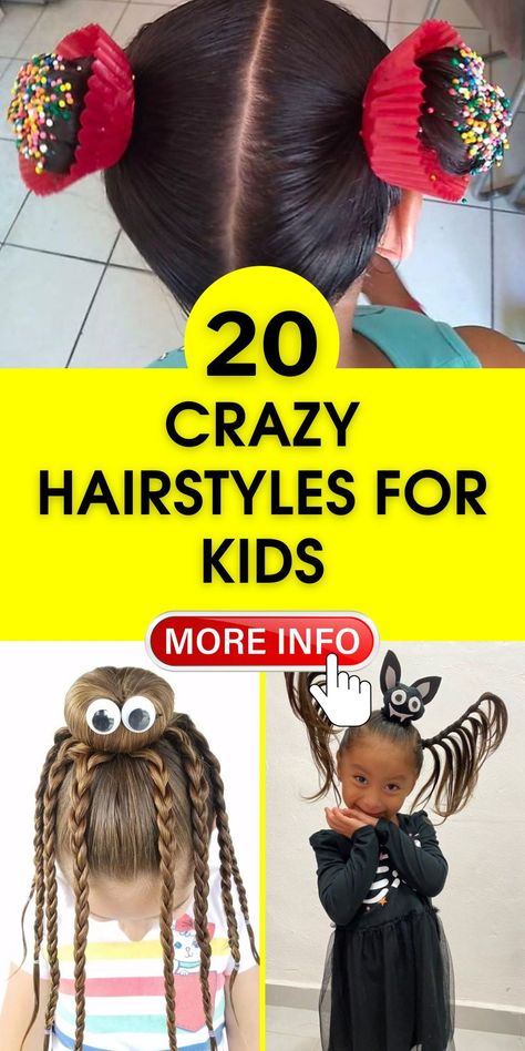 Introduce a touch of whimsy to your child's hair day with our crazy hairstyles for kids. These easy and funky hairdos, including charming buns, are perfect for adding fun to any hair day at school. Crazy Hairstyles For Kids, Easy Crazy Hairstyles, Crazy Hair For Kids, Crazy Hairstyles, Childrens Hairstyles, Easy Little Girl Hairstyles, Kreative Snacks, Cute Hairstyles For School, Fun Buns