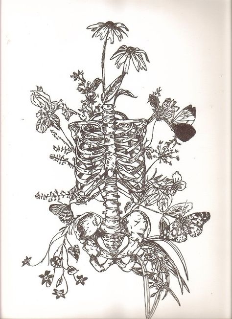 Favorite skeleton with flowers Skeleton Flower Tattoo, Bird Skull Tattoo, Cage Tattoos, Skeleton Flower, Mode Prints, Ribcage Tattoo, Tattoo Schrift, Skeleton Drawings, Skeleton Tattoos