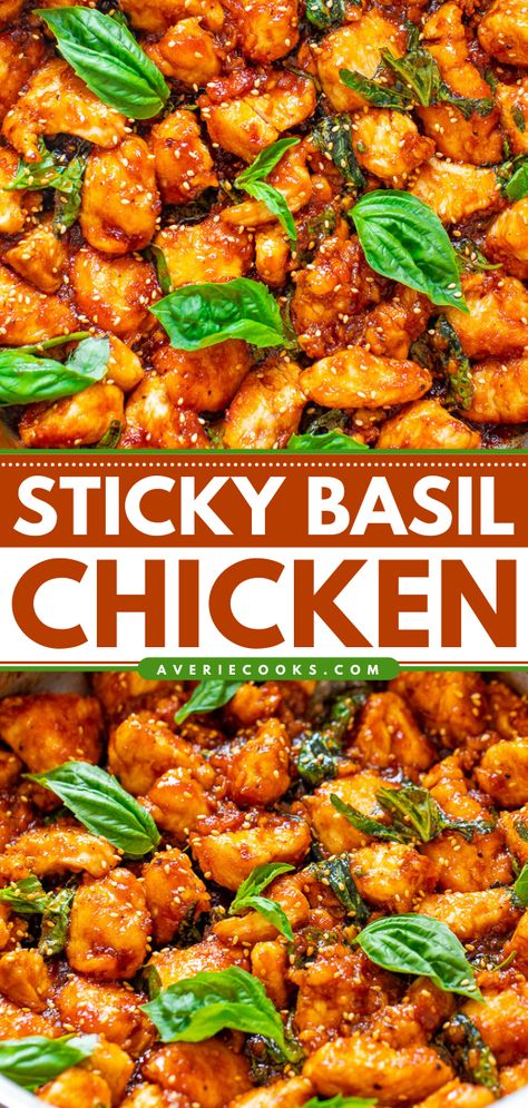 Spicy Basil Chicken Recipe (Quick & Easy!) - Averie Cooks Spicy Basil Chicken, Basil Chicken Recipe, Fresh Basil Recipes, Baked Teriyaki Chicken, Amazing Chicken, Dessert Sans Gluten, Asian Restaurant, Basil Recipes, Basil Chicken