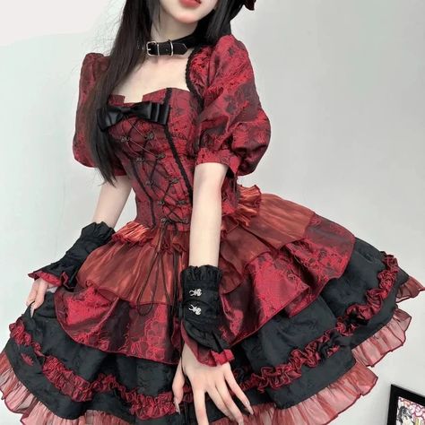 Enchanting Elegance Victorian Gothic Lolita 3-Piece Dress Set | Burgundy & Black - A Gothic Universe - Dresses Japanese Punk, Mode Punk, Evening Party Dresses, Punk Dress, Japanese Dress, Lace Bows, Punk Style, Victorian Gothic, Evening Party Dress