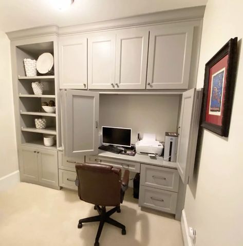 Built In Shelves With Hidden Desk, Home Office Built Ins Storage Cabinets, Built In Desk With Upper Cabinets, Small Built In Office Desk And Cabinets, Built In Desk With Doors, Small Desk Built Into Wall, Desk With Cupboard Above, Office In Cabinet, Wall Cabinets With Desk