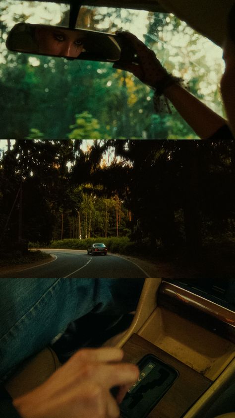 car forest film aesthetic cinematic mirror Driving Film Photography, Green In Film, Retro Cinematic Aesthetic, Film Green Aesthetic, Camera Shots Ideas, Nature Cinematic Photography, Italian Film Aesthetic, Frame Within A Frame Cinematography, Car Film Aesthetic