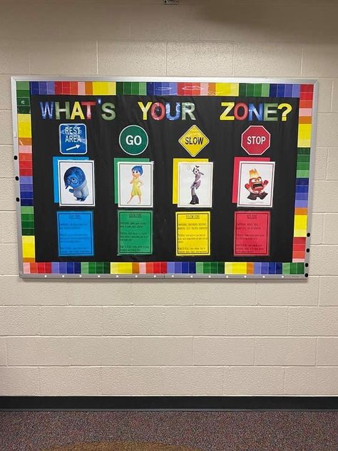 Zones Of Regulation Classroom Display, Thrive Room School, Inside Out Counseling Office, Counselor Bulletin Boards Elementary, Special Ed Bulletin Board Ideas, School Counseling Bulletin Boards, Counseling Bulletin Boards, Elementary Bulletin Boards, College Bulletin Boards