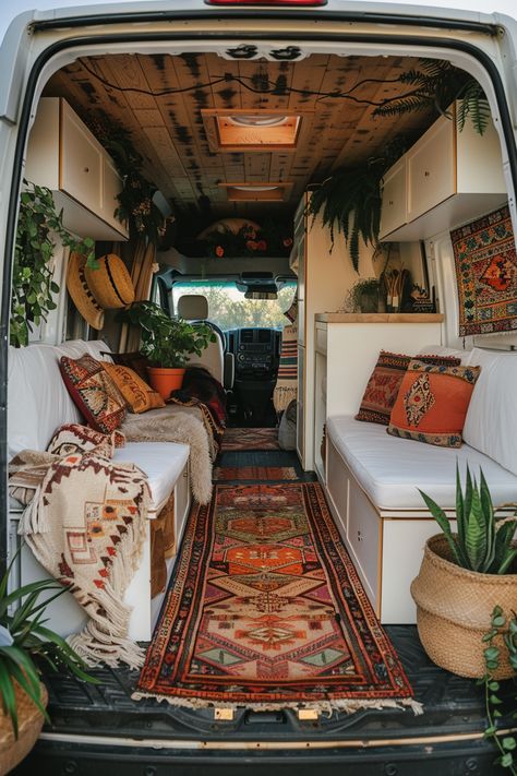 21 Boho Sprinter Van Conversions – TastyInteriors Bohemian Van Interior, Long Wheel Base Van Conversion, Van Ideas Bedroom, Green Van Interior, Boho Van Interior, Converted Van Interior, Van Life Interior Ideas, Van Interior Aesthetic, Camper Vans Interiors