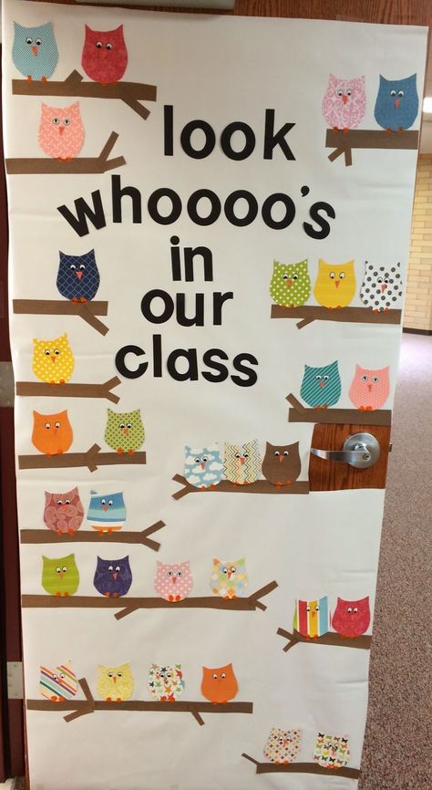 Class Diy Decor, Owl School Door Decorations, Door Art For Classroom, All About Me Preschool Door Decoration, Classroom Door Art Ideas, Classroom Door Decorations Preschool, Owl Themed Classroom Door, Classroom Door Ideas Prek, Owl Theme Bulletin Board Ideas