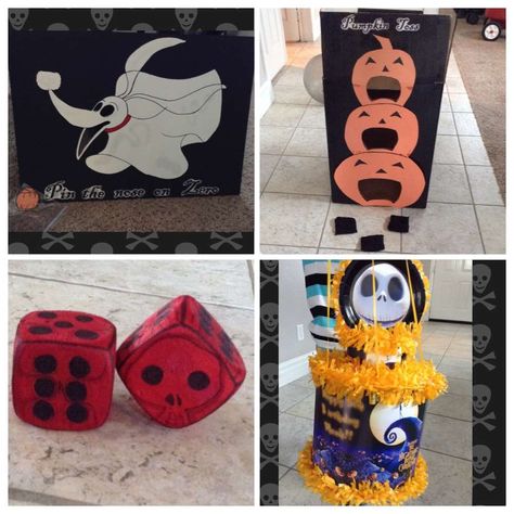 Pinata is from funkyarts on ebay they do really nice custom pinatas! Foam dice are from dollar tree I just drew them to look like Oogie Boogie dice. Pumpkin toss is a large box spray painted blackthen draw and cut out pumpkins Christmas Birthday Party Ideas, Nightmare Before Christmas Games, Nightmare Before Christmas Birthday, Nightmare Before Christmas Kids, Christmas Party Ideas For Teens, Nightmare Before Christmas Decorations, Nightmare Before Christmas Halloween, Christmas Birthday Party, Christmas Baby Shower