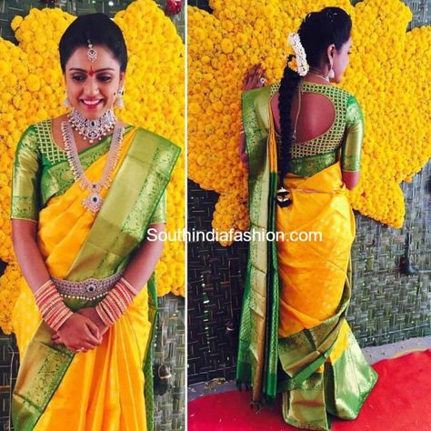 Kanjeevaram Sarees Wedding, Silk Saree Blouse Pattern, Bhargavi Kunam, Wedding Yellow, Blue Silk Saree, Kanjeevaram Sarees, Blouses Designs, Pattu Saree Blouse Designs, Wedding Saree Blouse