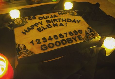 I made a ouija board cake with Devil's food underneath! The drawings on top were done with black gel and a sharp brush. Ouija Board Cake, Pretty Baking, Devils Food, Ouija Board, Halloween Birthday, 40th Birthday, Party Time, Halloween Party, Birthday Cake