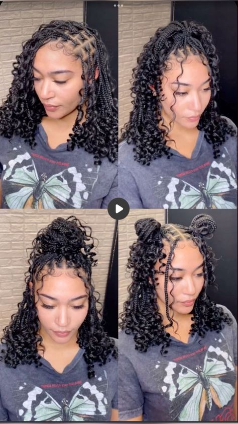 Styles For Short Knotless With Curls, Bohemian Bob Braids Hairstyles, Bob Boho Knotless Braids With Curly Ends, Medium Boho Knotless Braids Bob, Short Boohoo Braids, Short Goddess Braids Shoulder Length, Mini Boho Braids, Shoulder Length Boho Braids, Short Braided Hairstyles For Black Women