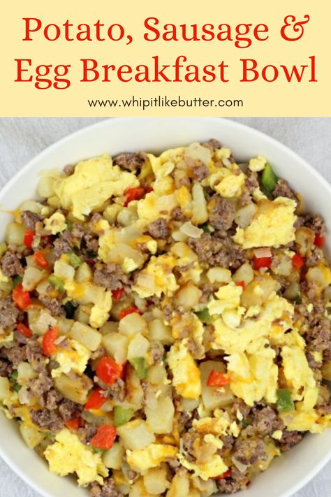 Everything that you need for a complete breakfast is in this Potato, Sausage and Egg Breakfast Bowl! The perfect way to jumpstart the day! Sausage Egg Potato Skillet Breakfast Recipes, Egg Sausage Scramble, Eggs Sausage Potatoes Breakfast, Sausage And Scrambled Eggs, Crumbled Sausage Recipes Breakfast, Sausage And Egg Scramble, Eggs And Sausage Recipes, Sausage Eggs Potatoes Skillet, Sausage Egg And Potato Skillet