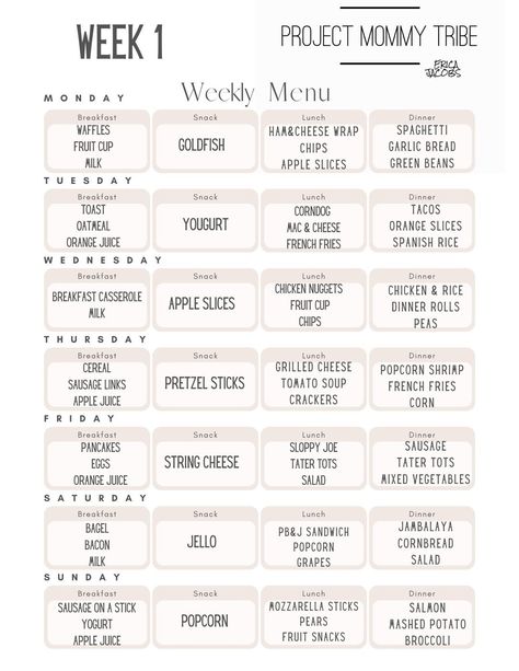 Kids Meal Plans Weekly, Weekly Lunch Menu For Kids, Weekly Meal Plan Breakfast Lunch Dinner, Weekly Lunch Menu Ideas, Meal Planning Breakfast Ideas, Week Menu Ideas Families, Breakfast Lunch And Dinner Meal Plan, Family Menu Ideas, Weekly Dinner Menu Ideas