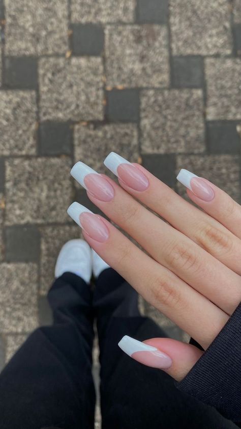 Coffin Clean Nails, Blue Nails Extensions, Squoval French Tip Nails Long, Long French Nails, Simple Gel Nails, French Tip Acrylic Nails, Basic Nails, Beauty Finds, French Acrylic Nails