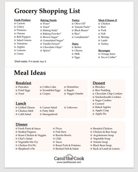 One Simple Grocery Shopping List for a Year’s Worth of Meal Combinations – Carol the Cook Ingredient Household Shopping List, Ultimate Grocery List For Two, Simple Grocery List For One, One Month Grocery List, Grocery List For A Month, Simple Grocery List For Two, Grocery List For Two On A Budget, Money Saving Grocery List, Month Worth Of Meals On A Budget