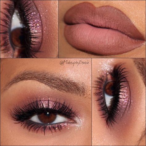 soft mauve-y pink eye w/ glitter (center & inner corner) with matching lips & dark grey waterline (@makeupbydenise) #makeup sparkle Pink Glam Makeup, Pink Wedding Makeup, Makeup Sparkle, Mauve Eyeshadow, Mauve Makeup, Evening Eye Makeup, Pink Eyeshadow Look, Wedding Makeup Bride, Pink Eye Makeup