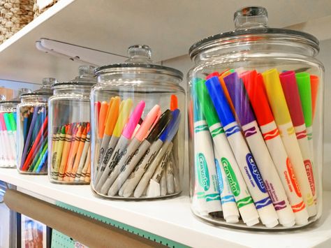 Pops of color in glass jars are not only organized but also pleasing to the eye! Craft Room Design, Organisation Hacks, Playroom Organization, Office Crafts, Craft Room Office, Organization Kids, Toy Rooms, Craft Room Organization, Toy Organization