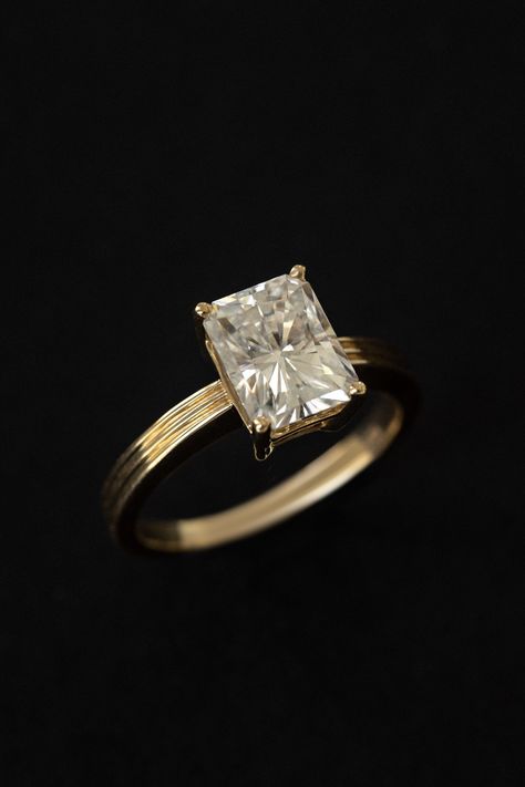 Elongated Engagement Ring Gold, Champagne Emerald Cut Engagement Ring, Timeless Oval Engagement Ring, Tapered Band Engagement Ring, Engagement Rings For Long Fingers, One Of A Kind Engagement Rings, Timeless Engagement Ring Classy, Bug Rings, Gold Engagement Ring Stack