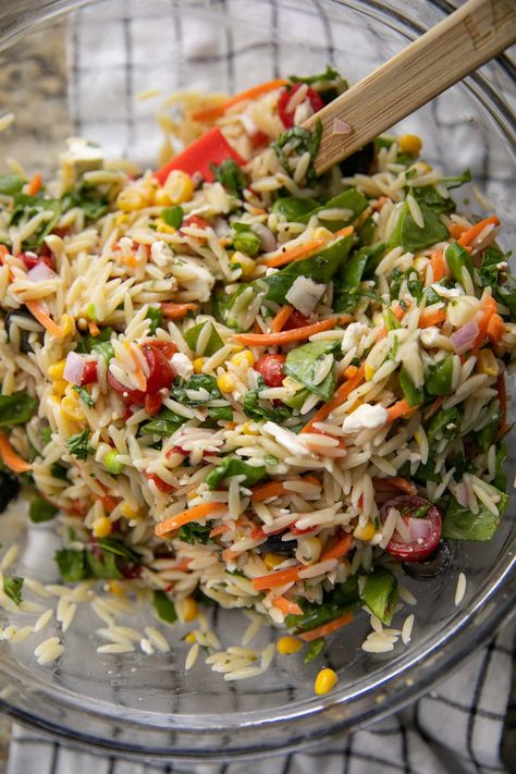 Macro Friendly Veggie Orzo Salad Macro Friendly Dressing, Macro Friendly Cookout Sides, Macro Friendly Bbq Sides, Macro Pasta Salad, Macro Side Dishes, Macro Friendly Potluck Recipes, Macro Friendly Sides, Macro Friendly Summer Recipes, Macro Friendly Pasta Salad