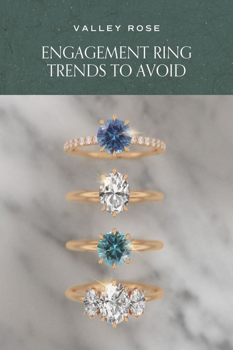 Looking to choose a ring that will stand the test of time? Check out our list of '5 Engagement Ring Trends to Avoid'. From questionable metals to overused gemstones, Valley Rose helps you navigate the world of diamonds and make the best choice for your forever ring. Alternate Engagement Stones, Engagement Rings Trending, Engagement Ring Types Chart, 2025 Engagement Ring Trends, Engagement Rings Different Stones, How To Choose Engagement Ring, Coloured Engagement Rings Stones, Engagement Rings Cuts Chart, Engagement Ring Trends 2024