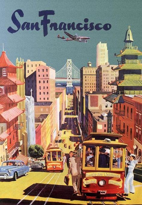 30 Cool Vintage Travel Posters - Inspirationfeed San Francisco Vintage, San Francisco Cable Car, San Myshuno, Easy Diy Paint, Vintage Postcards Travel, Building Painting, Travel Postcard, Retro Travel Poster, San Francisco Travel