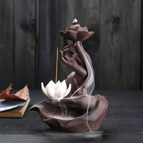 PRICES MAY VARY. Create a calming and serene atmosphere with the RE RELIURE Lotus in Hand back flowing Incense Burner, designed to mimic a soothing incense burner waterfall as the incense cones burner. Crafted with high-quality materials, this insent. burner waterfall is durable and built to last. RE RELIURE ceramic incense burner or insence burner is beautifully crafted with a lotus in hand design, adding a touch of elegance to any space. Backflow incense holder waterfall can give people a wond Lotus Incense Holder, Insent Burner, Incense Fountain, Homey Touches, Zen Room Decor, Incense Waterfall, Backflow Incense Holder, Insence Burner, Waterfall Incense Burner