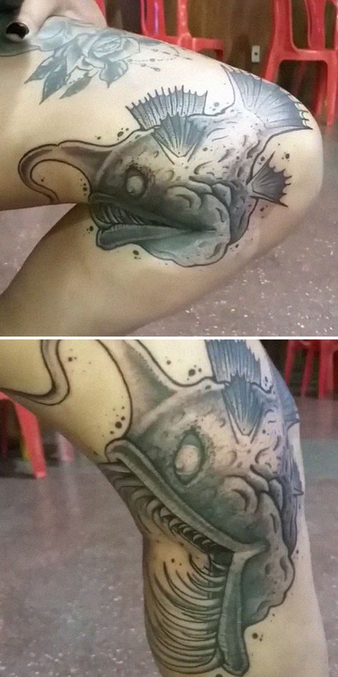 Bend Of Knee Tattoo, Morphing Tattoo Ideas, Bend Of Leg Tattoo, Creative Moving Tattoo Ideas, Creative Moving Tattoos, Large Body Tattoos For Women, Moving Leg Tattoo, Tattoos That Move, Elbow Moving Tattoo