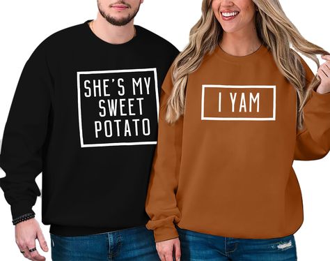 PRICES MAY VARY. Soft Material: Men's and women's clothes are sold separately. Pay attention! This funny Thanksgiving sweatshirt couple are made of a cotton blend, which is stretchy, soft, breathable and super comfortable to wear Features: Matching sweatshirt for couples, she's my sweet potato sweater, I am letter print pullover, cute graphic tees, funny saying shirts, casual long sleeve tops , wife and husband fall sweater, thanksgiving gift tops, anniversary gifts shirt, women and men fall swe Matching Couple Jackets, Christmas Couple Outfits, Couple Christmas Sweaters, Couple Thanksgiving, Matching Couple Hoodies, Couples Thanksgiving, Couples Christmas Sweaters, Homemade Shirts, Matching Hoodies For Couples