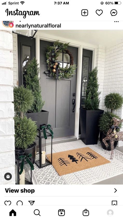 Greenery Around Front Door Christmas, Asymmetrical Front Door Decor, Cool Front Doors, Christmas Front Door Decor Entrance, Winter Front Door Decor, Christmas Entrance, Christmas Front Porch Decor, Farmhouse Throw Pillows, Farmhouse Decoration Ideas