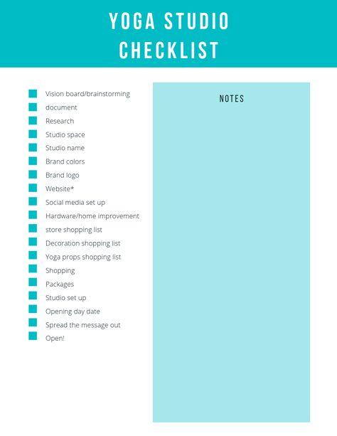 beyogi-yoga-checklist Yoga Business Plan, Yoga Checklist, Yoga Advertising, Yoga Cafe, Aerial Studio, Yoga Studio Design Ideas, Become A Yoga Instructor, Studio Floor Plans, Yoga Shala