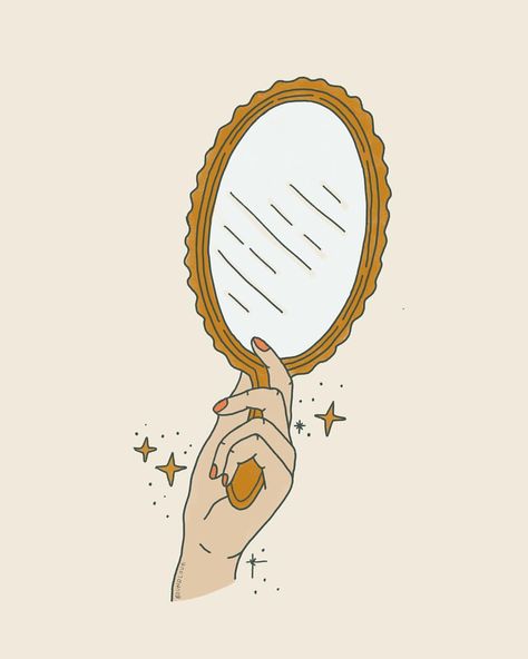 Drawing A Mirror, Mirror Reflection Illustration, Self Reflection Aesthetic, Mirror Illustration Art, Hand Mirror Illustration, Hand Mirror Drawing, Mirror Graphic Design, Aphrodite Collage, Paper Vest