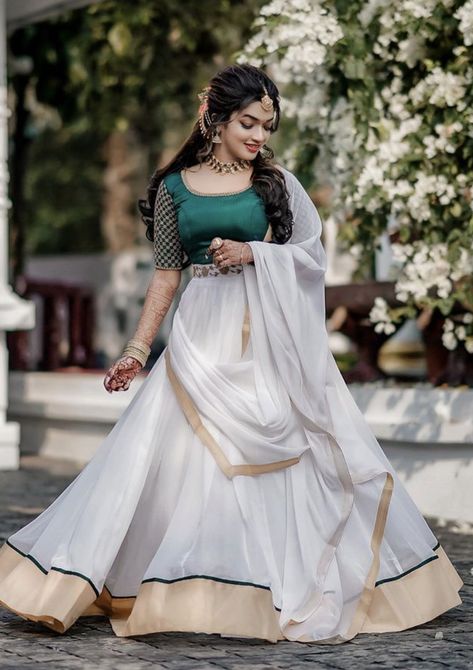 Lahanga Design Latest Simple Kerala, Latest Onam Outfits Ideas, Vishu Special Kerala Dress, Half Saree Kerala Style, Kerala Traditional Engagement Dress, Kerala Engagement Dress Hindus, Engagement Dress Kerala, Kerala Lehenga, Kerala Pattupavada For Women