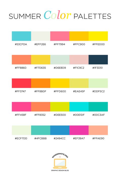 Need color inspiration? Check out these Color Palettes for Web, Digital, Blog & Graphic Design with Hexadecimal Codes by Wondernote. These summer color palettes invoke warmth, sunshine, and fun. They will inspire your next design -- whether it's a blog layout, branding, interior decorating, or greeting card design. I've hand-selected 5 unique colors that play well together and look great. May Color Palette Hex Codes, Summer Hex Codes, Bright Summer Palette, Bright Color Hex Codes, Code สี Goodnote, Color Palette Playful, Five Color Palette, Photoshop Color Palette, Summer Palette Colors